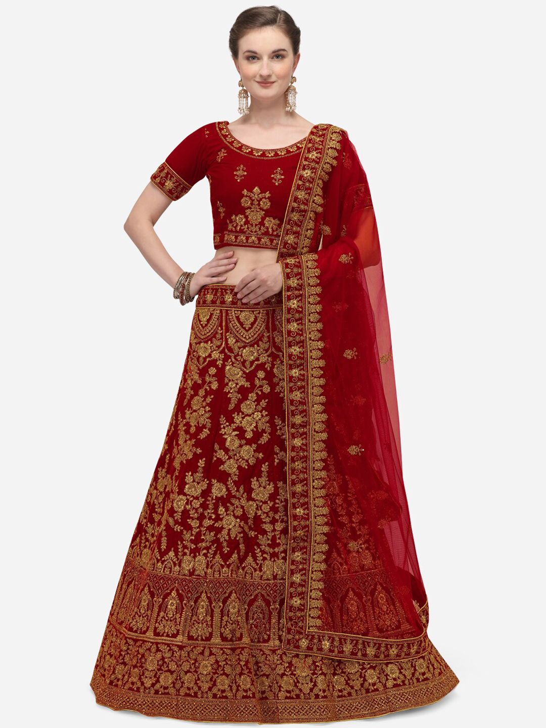 Netram Red & Gold-Toned Embroidered Semi-Stitched Lehenga & Unstitched Blouse with Dupatta