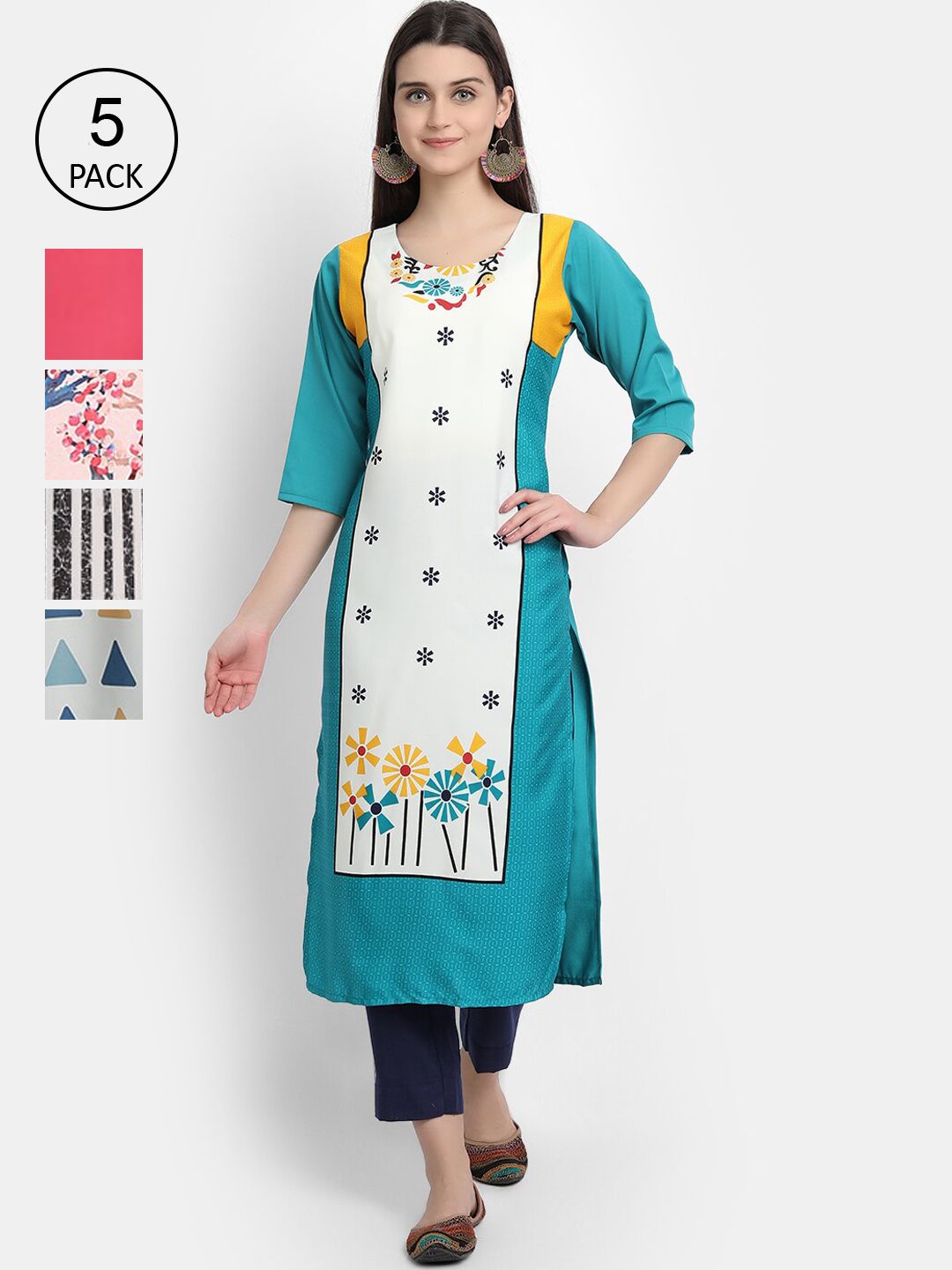 Ethnic basket Women Set of 5 Multicoloured Ethnic Motifs Printed Crepe Kurta