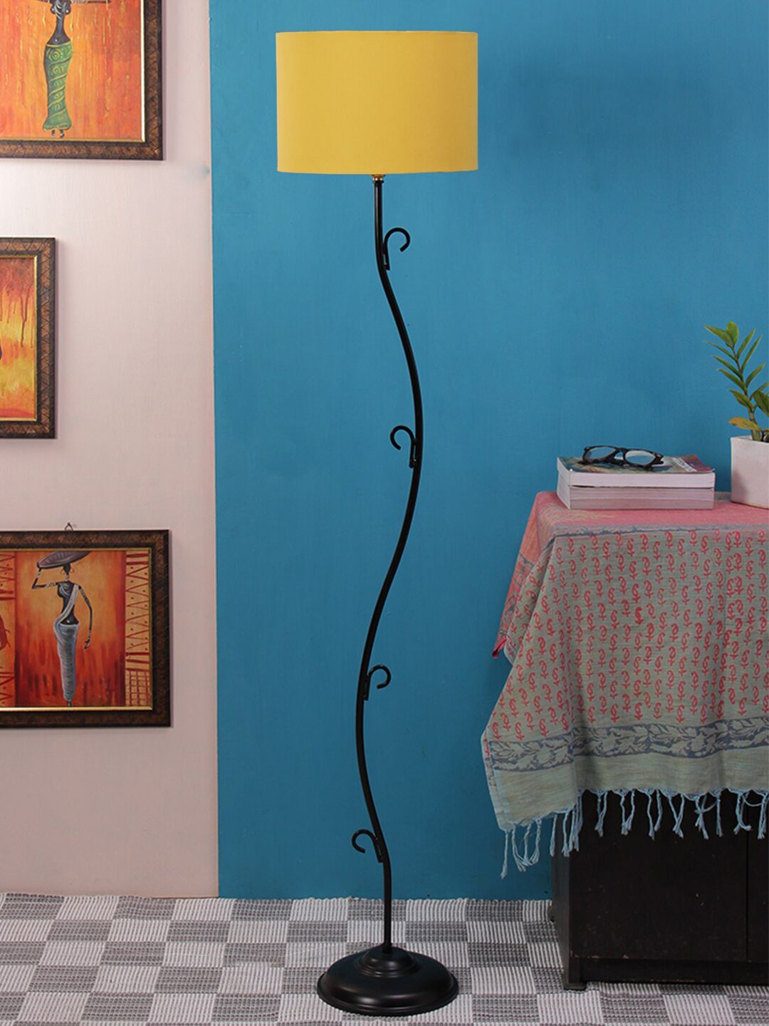 Devansh Yellow & Black Solid Traditional Floor Lamp with Shade Price in India