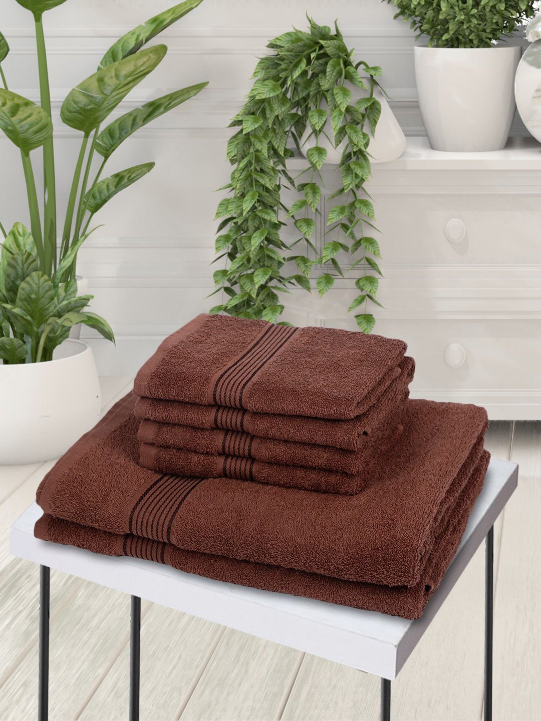 BIANCA Set Of 6 Brown Solid Pure Cotton 380 GSM Towel Set Price in India