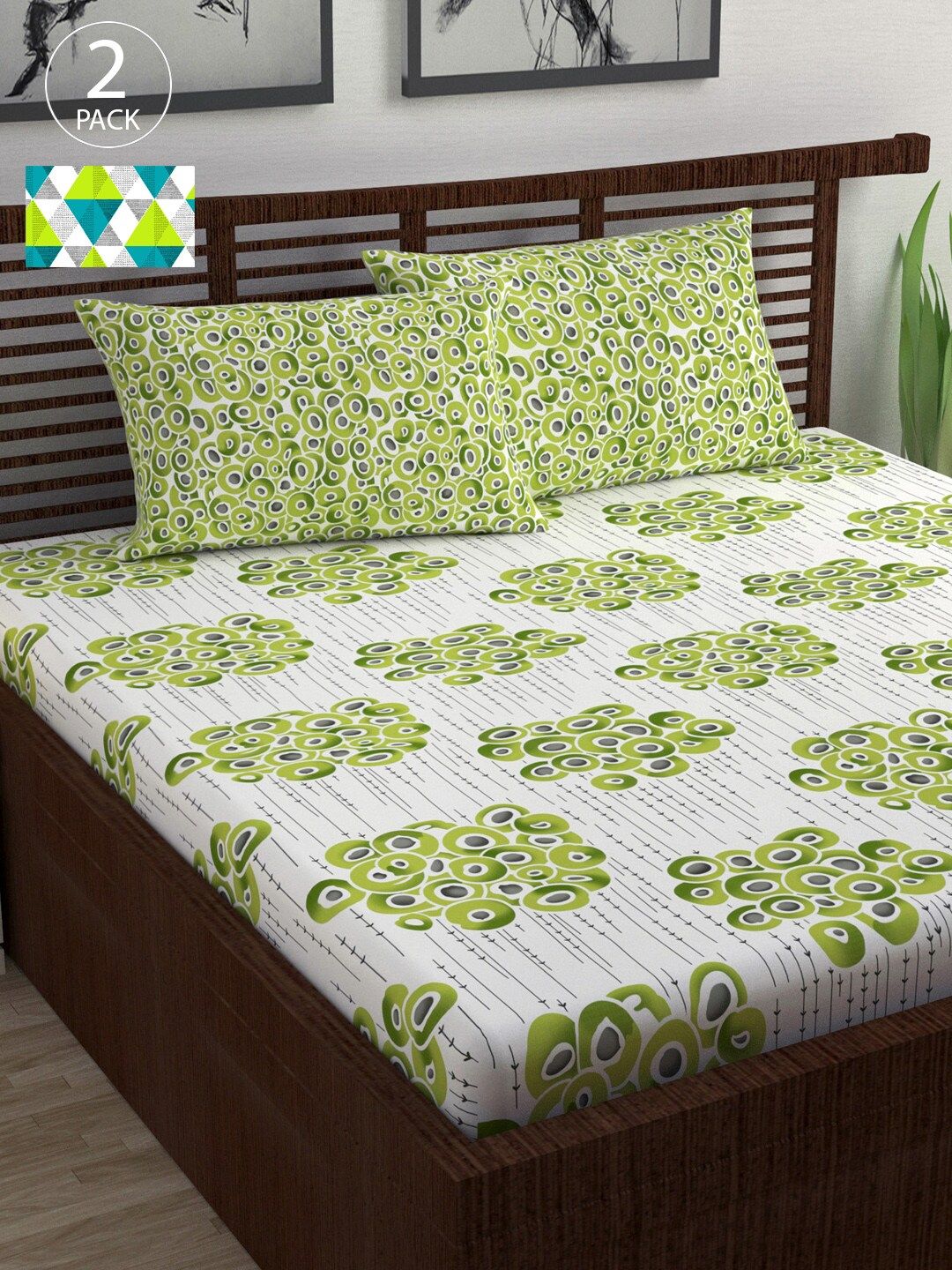 Divine Casa Pack of 2 White & Green 144 TC Cotton Queen Bedsheet with 4 Pillow Covers Price in India