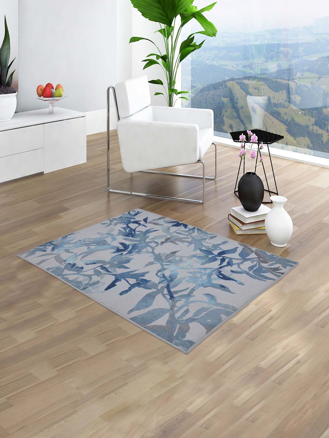 RUGSMITH Blue & Grey Printed Anti-Skid Carpet Price in India
