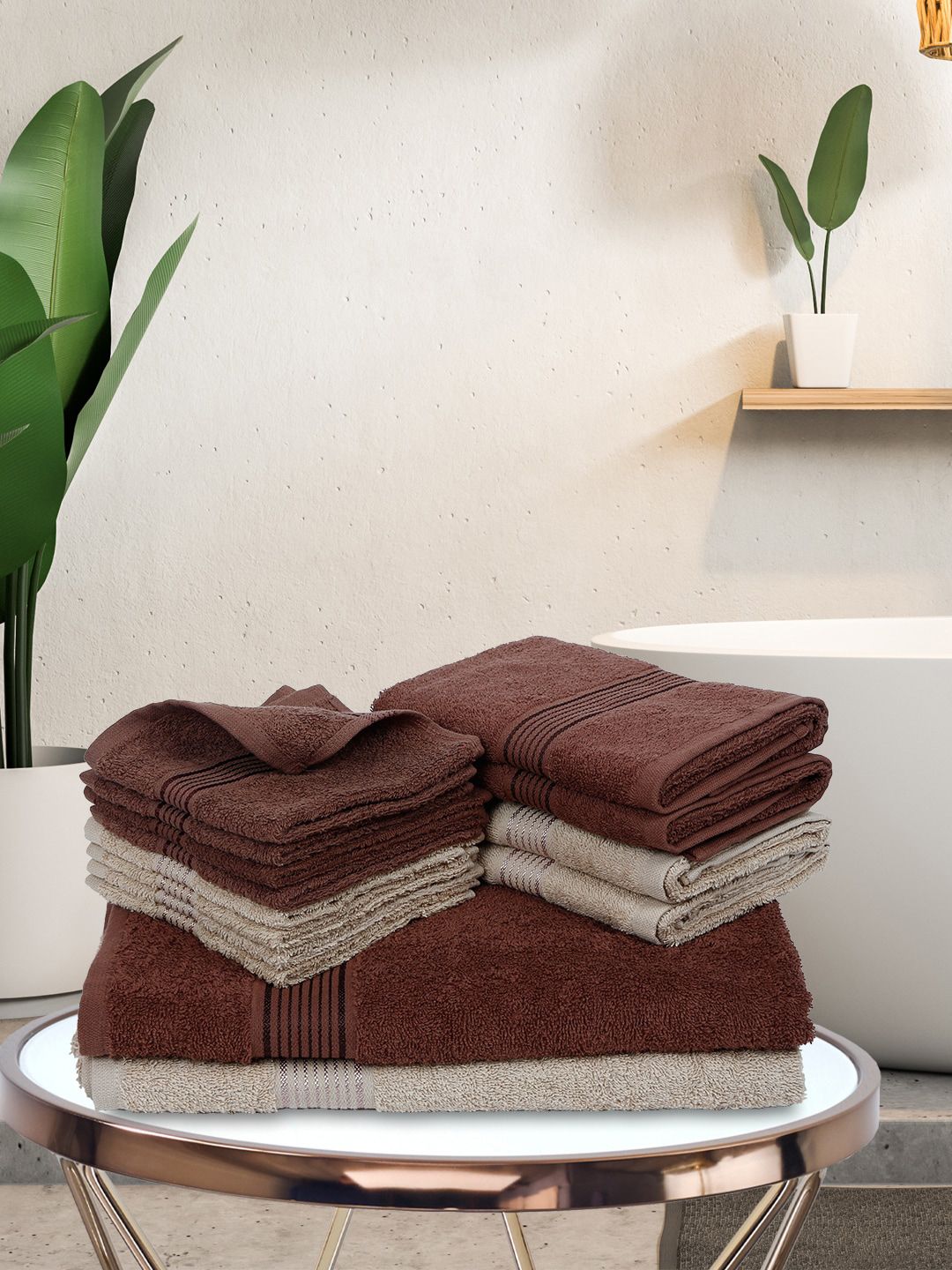 BIANCA Unisex Set Of 14 Brown & Beige Solid 380 GSM Pure Cotton Super-Soft Terry Towels Price in India