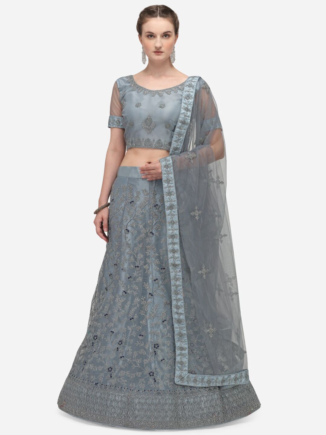 Netram Grey & Gunmetal-Toned Embroidered Semi-Stitched Lehenga & Unstitched Blouse with Dupatta