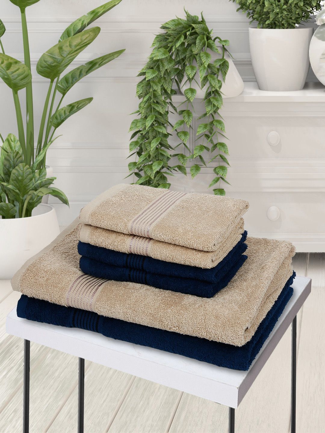 BIANCA Set Of 6 Beige & Navy Blue Solid Pure Cotton 380 GSM Towel Set Price in India