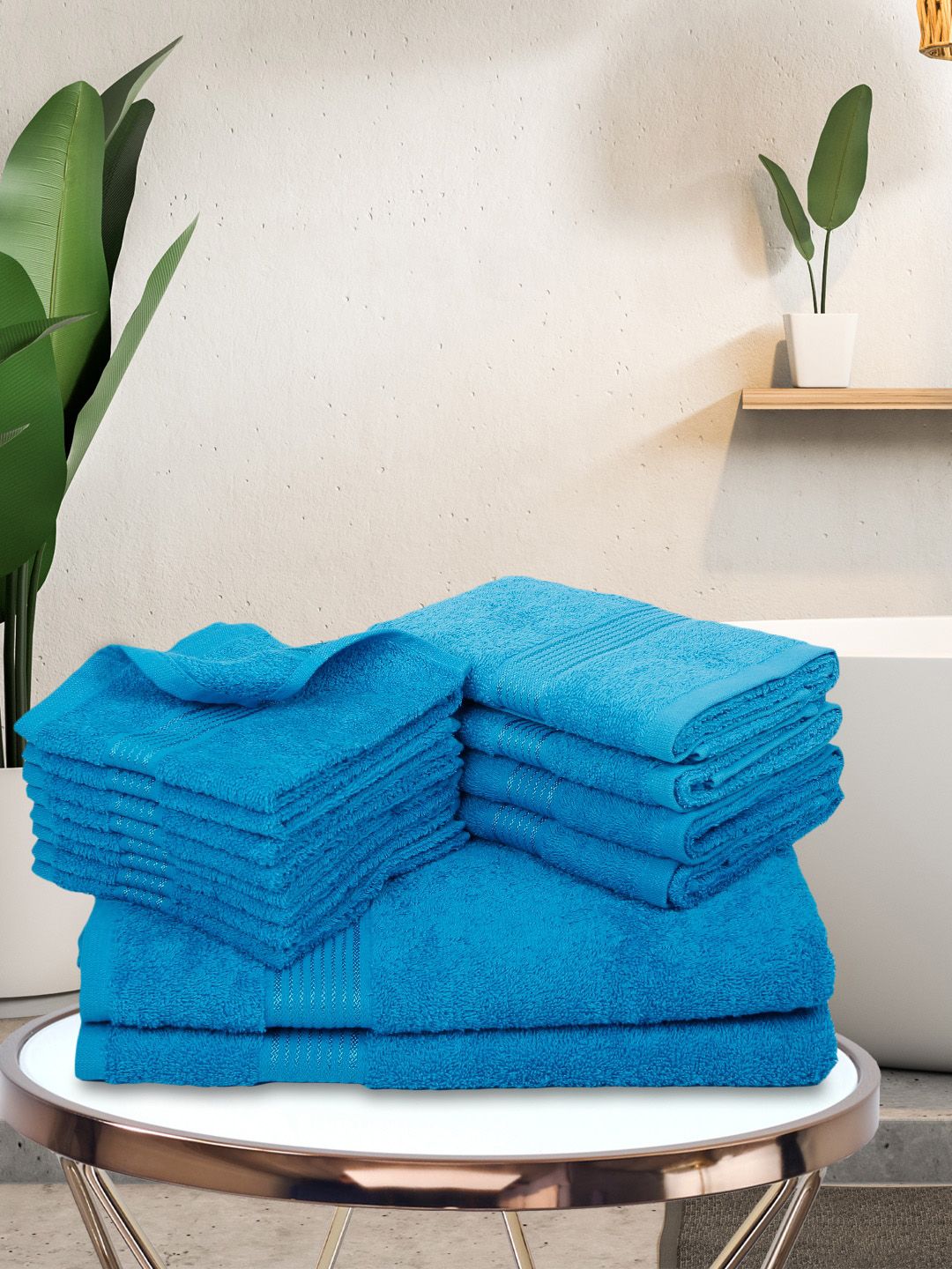 BIANCA Set Of 14 Turquoise Blue Solid Cotton 380 GSM Towel Set Price in India