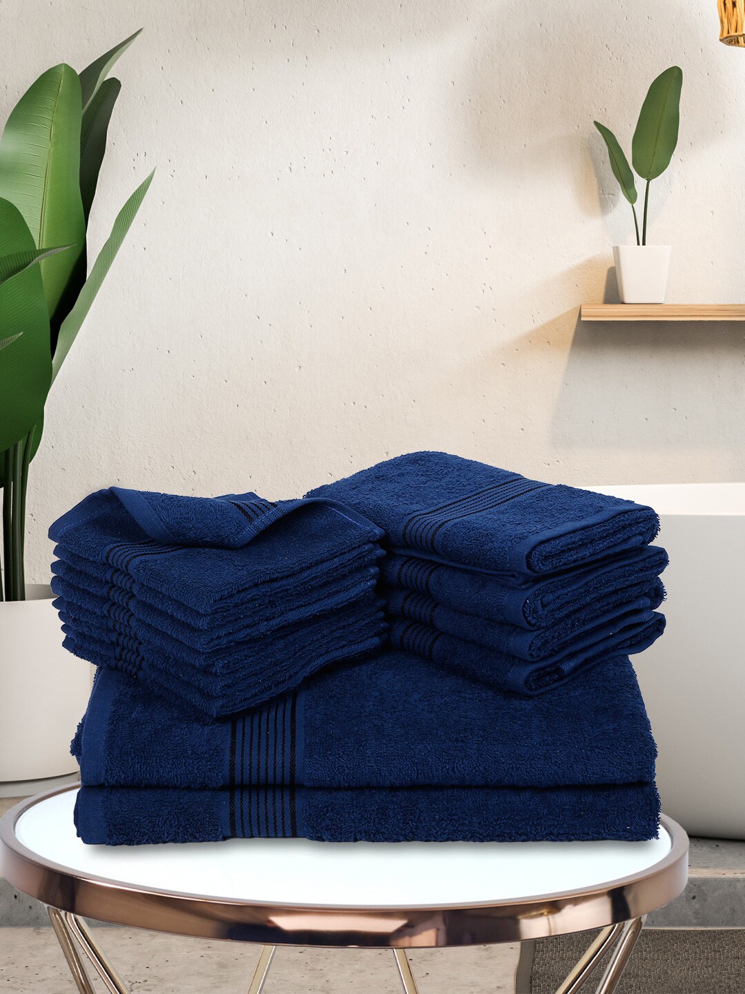 BIANCA Set Of 14 Navy Blue Solid 380 GSM Pure Cotton Super-Soft Terry Towels Price in India