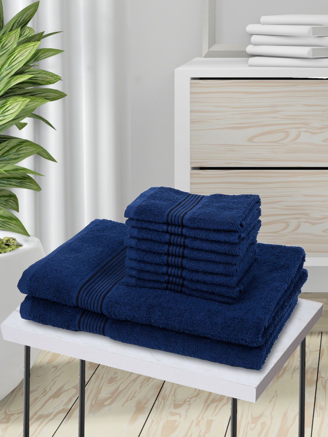 BIANCA Set Of 10 Navy Blue Solid Cotton 380 GSM Super-Soft Towel Set Price in India