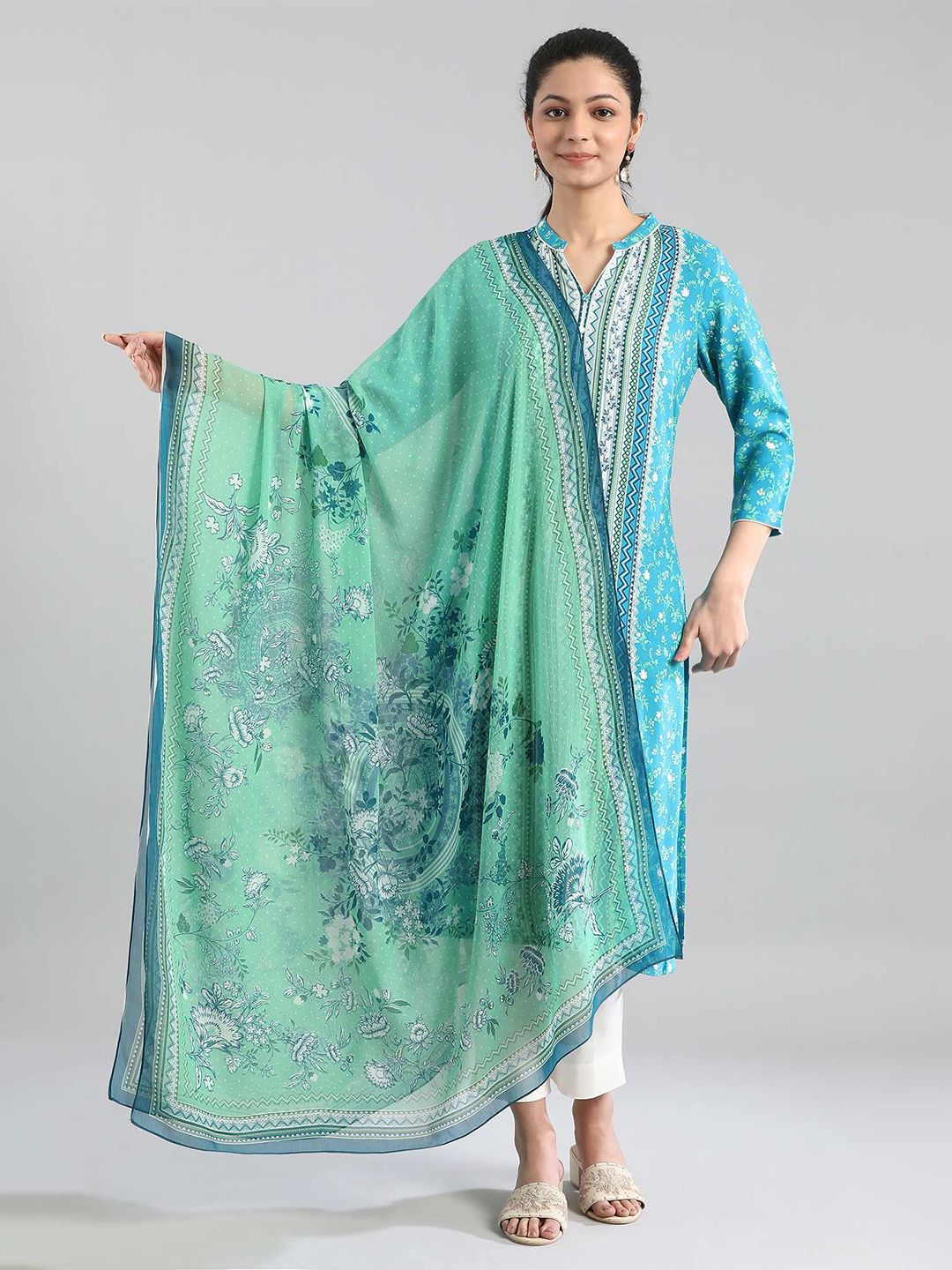 AURELIA Green & Blue Printed Dupatta Price in India