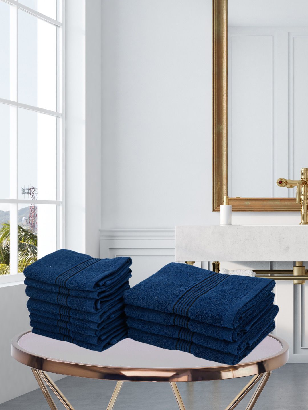 BIANCA Set Of 12 Blue Solid 100% Cotton 380 GSM Towel Set Price in India