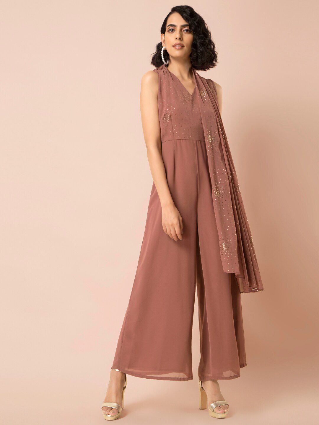 INDYA Women Pink & Gold-Toned Foil Side Stole Jumpsuit Price in India