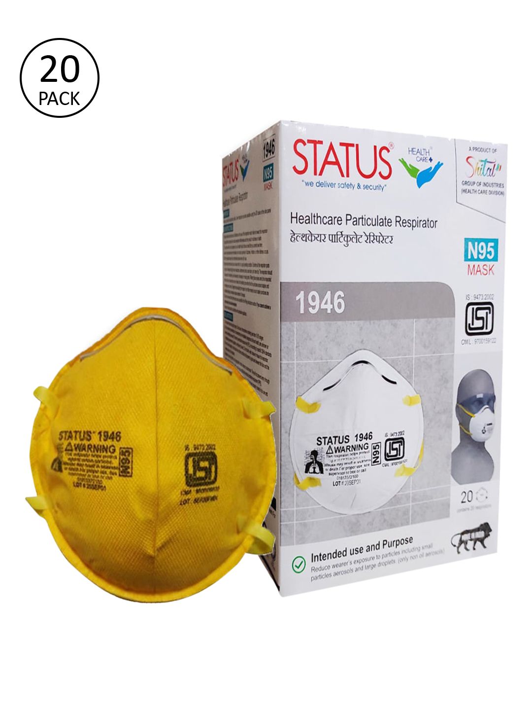 Status Unisex Pack Of 20 Mustard Yellow Solid 5-Ply Protective Reusable N95 Masks Price in India