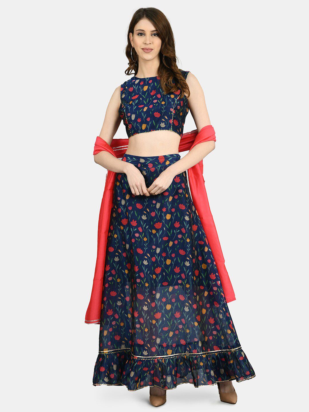 Myshka Navy Blue & Green Printed Unstitched Lehenga & Blouse with Dupatta