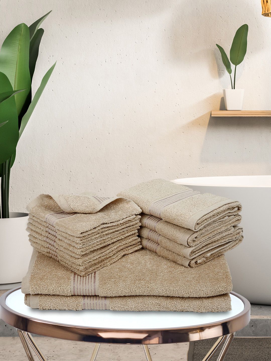 BIANCA Unisex Set Of 14 Taupe Solid 380 GSM Pure Cotton Super-Soft Terry Towels Price in India