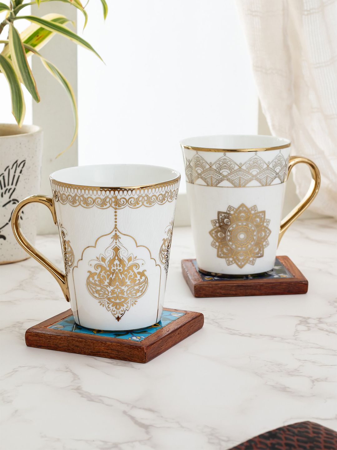 CLAY CRAFT Set of 2 White & Gold-Toned Printed Ceramic Mugs Set Price in India