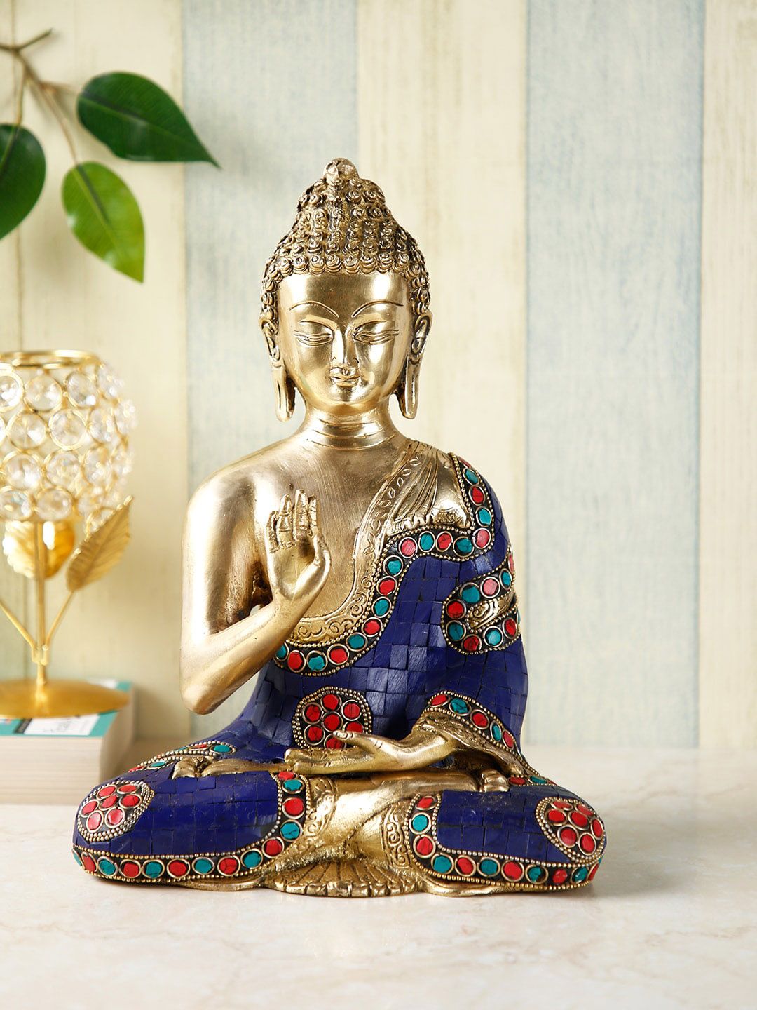 CraftVatika Gold-Toned & Blue Buddha Brass Decorative Figurines Price in India