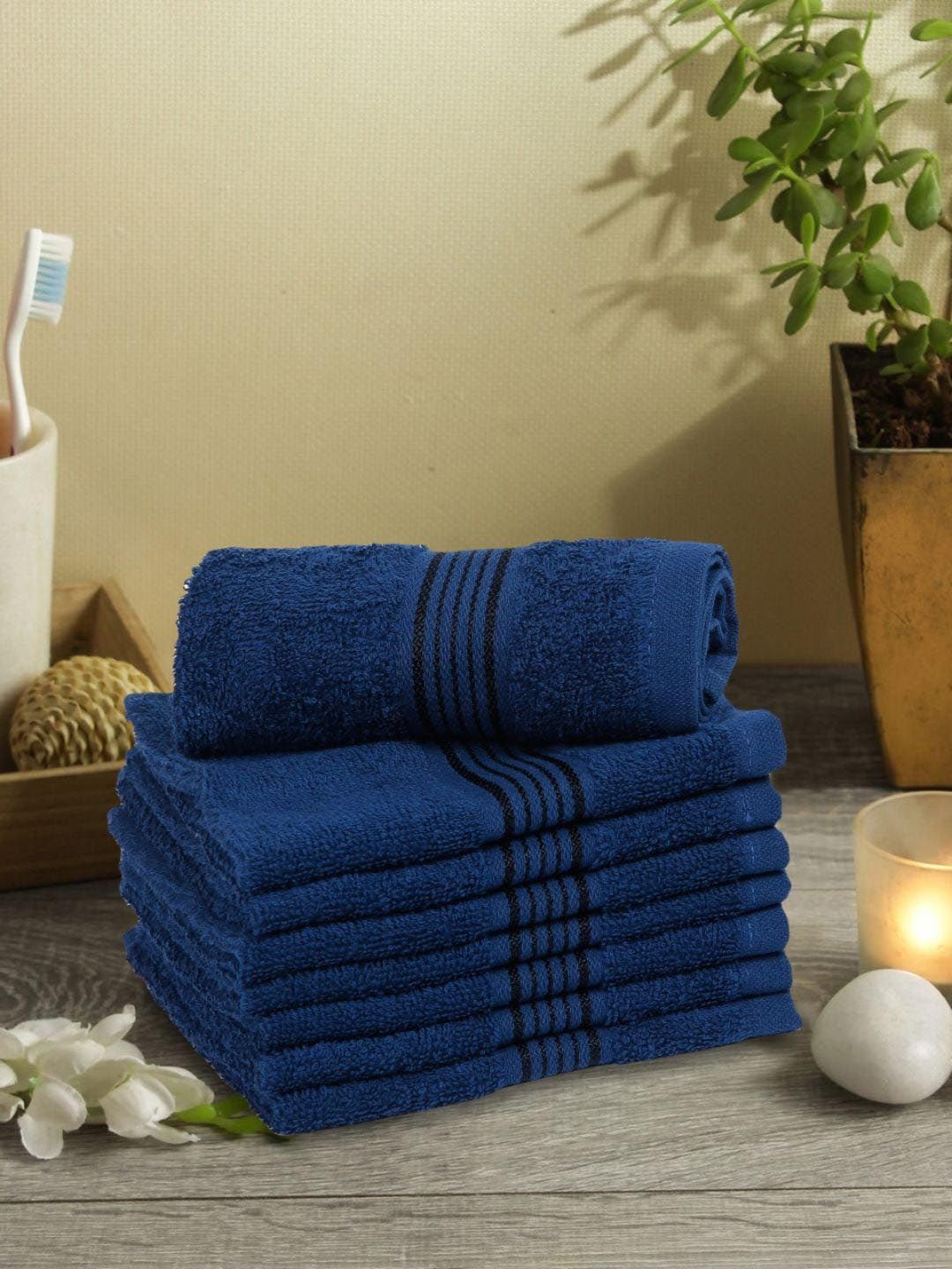 BIANCA Navy Blue Set of 8 Solid 380 GSM Cotton Face Towels Price in India