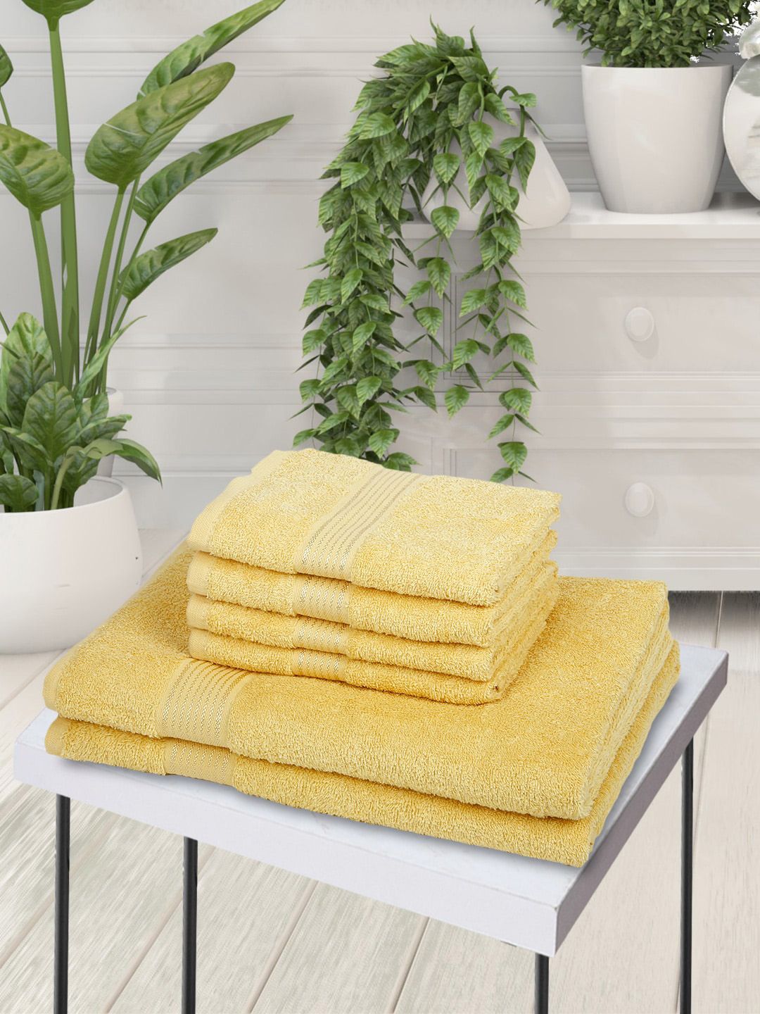 BIANCA Set Of 6 Yellow Solid 380 GSM Cotton Towel Set Price in India