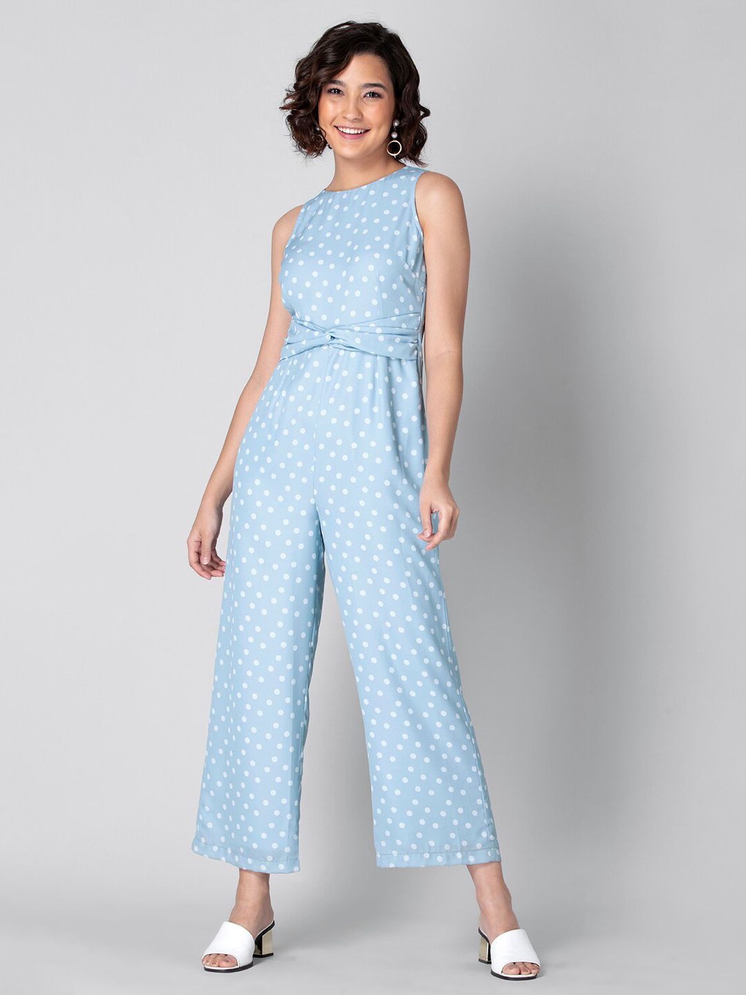 FabAlley Women Blue & White Polka Dots Printed Twisted Basic Jumpsuit Price in India