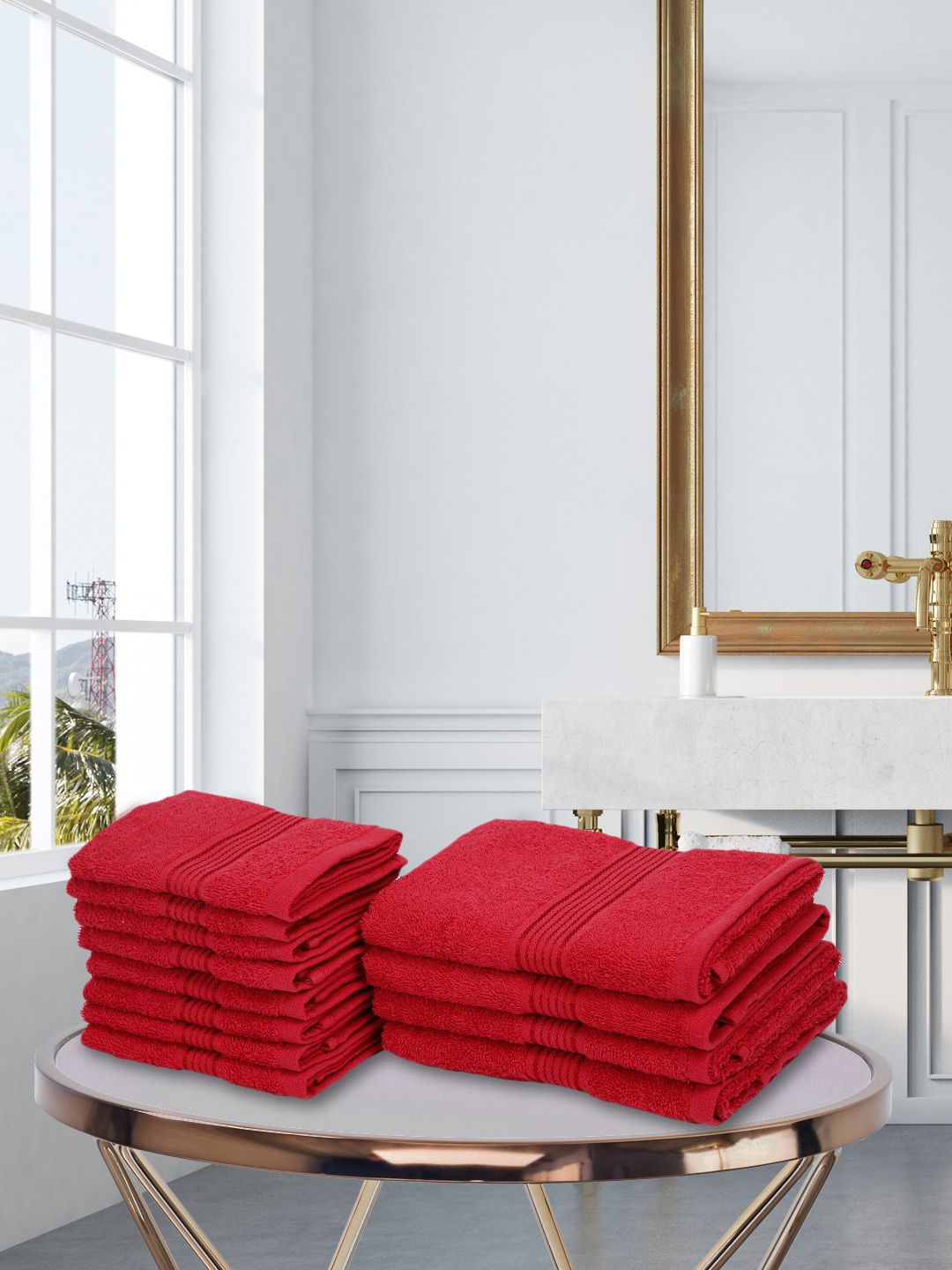 BIANCA Set Of 12 Red Solid Pure Cotton 380 GSM Super-Soft Towel Set Price in India