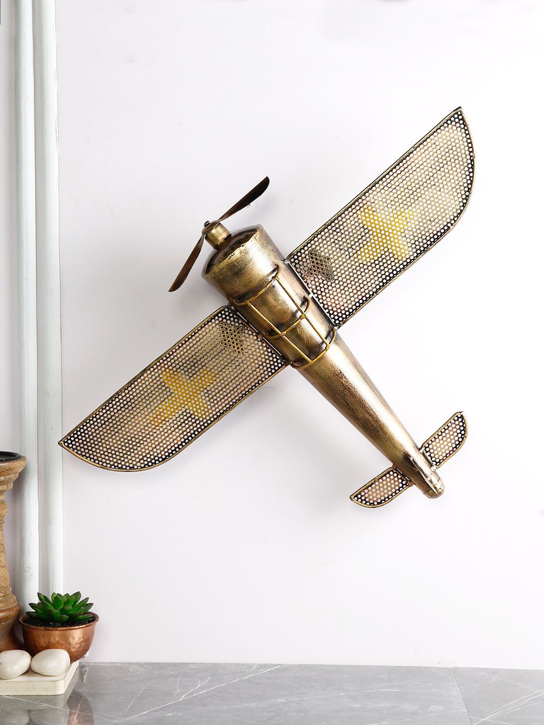 CraftVatika Antique Gold Metal Vintage Aeroplane Wall Hanging Table Top Showpiece Price in India