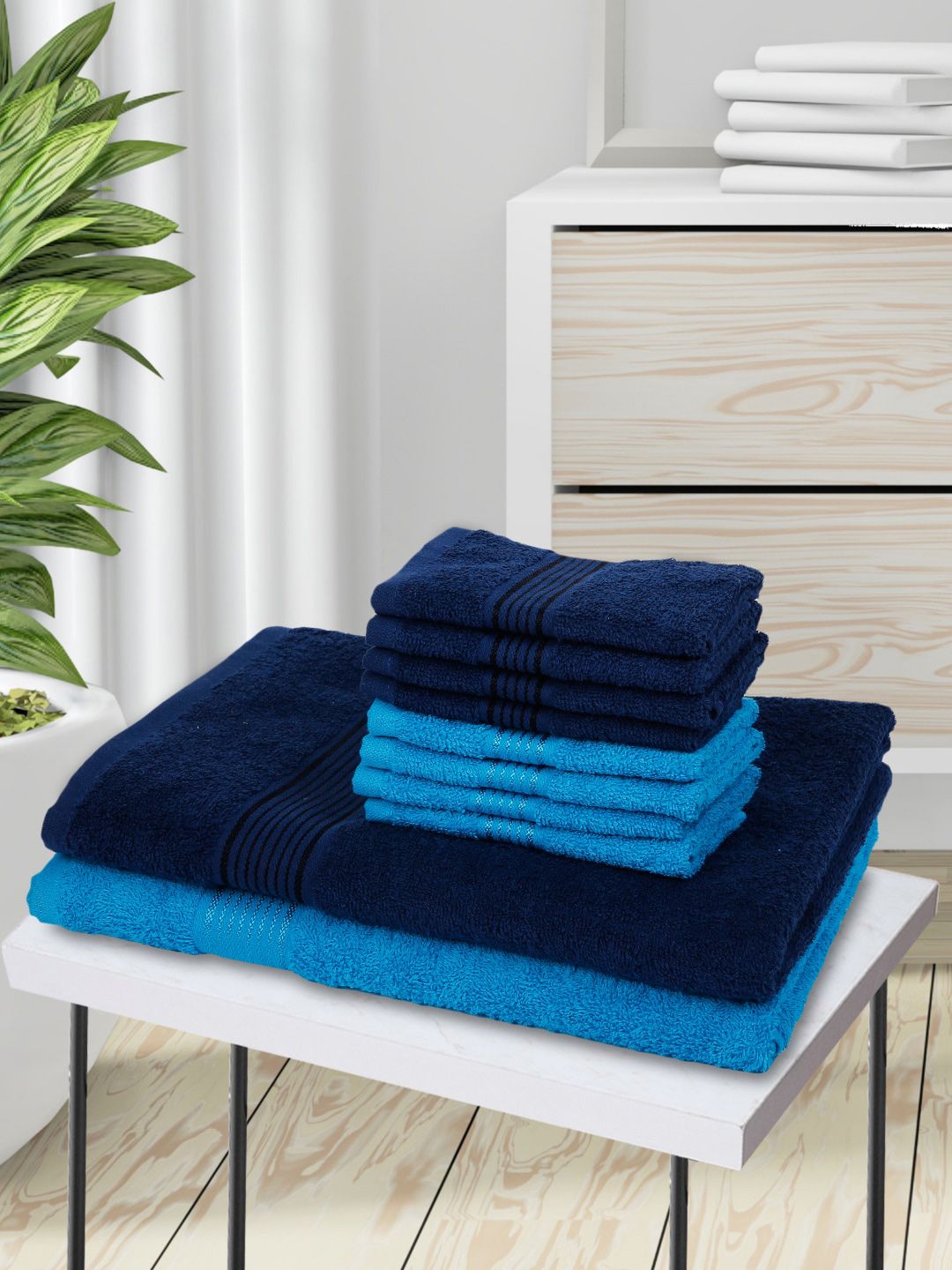 BIANCA Set Of 10 Blue Solid Pure Cotton 380 GSM Towel Set Price in India