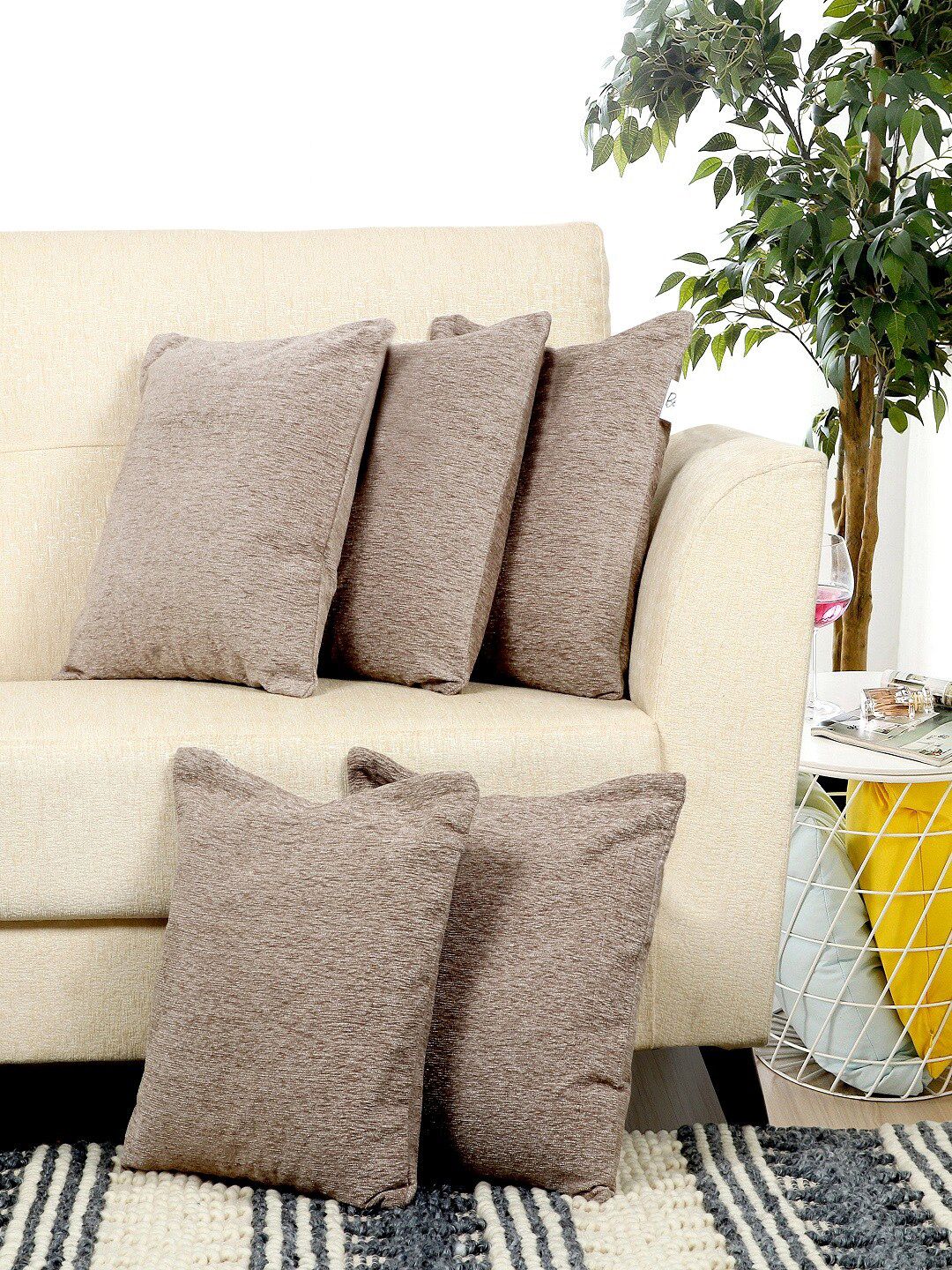 BELLA TRUE Beige Set of 5 Self Design Square Cushion Covers Price in India