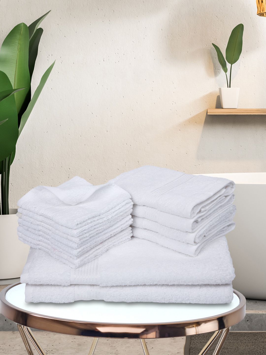 BIANCA Set Of 14 White Solid Pure Cotton 380 GSM Towel Set Price in India