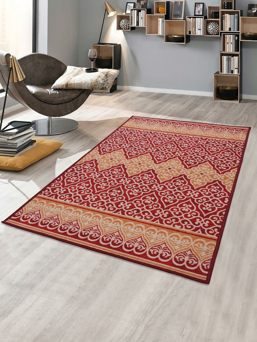 RUGSMITH Red & Orange Ethnic Motif Digital Printed Anti-Skid Carpet Price in India