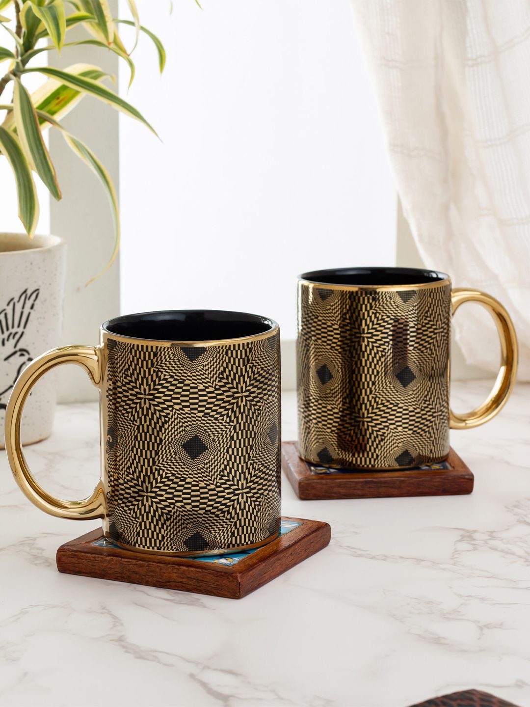 CLAY CRAFT Set Of 2 Black & Gold-Toned Printed Ceramic Mugs Price in India