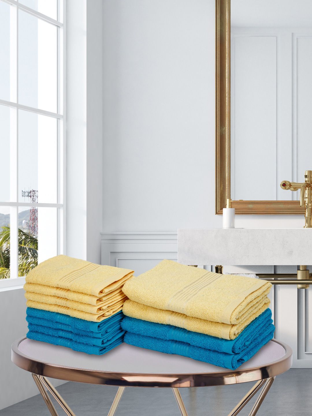 BIANCA Set Of 12 Yellow & Blue Solid 380 GSM Cotton Towel Set Price in India