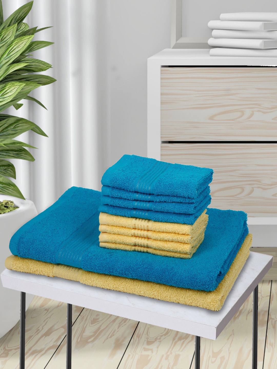 BIANCA Set Of 10 Turquoise-Blue & Yellow Solid 380 GSM Cotton Towel Set Price in India