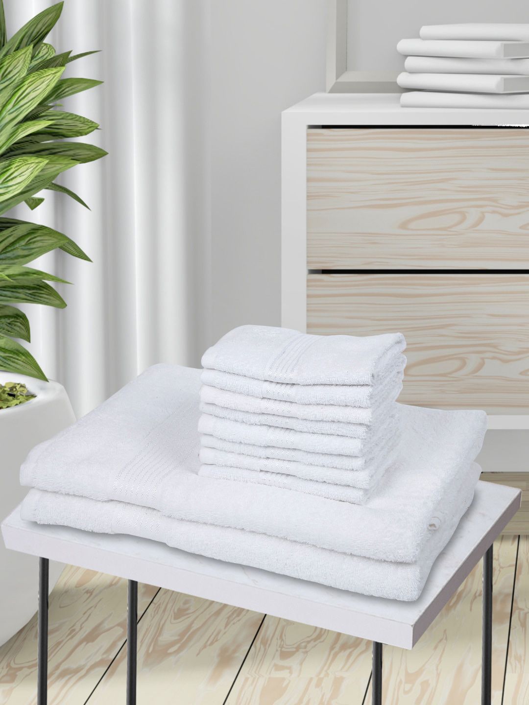 BIANCA Set Of 10 White Solid Pure Cotton 380 GSM Towel Set Price in India
