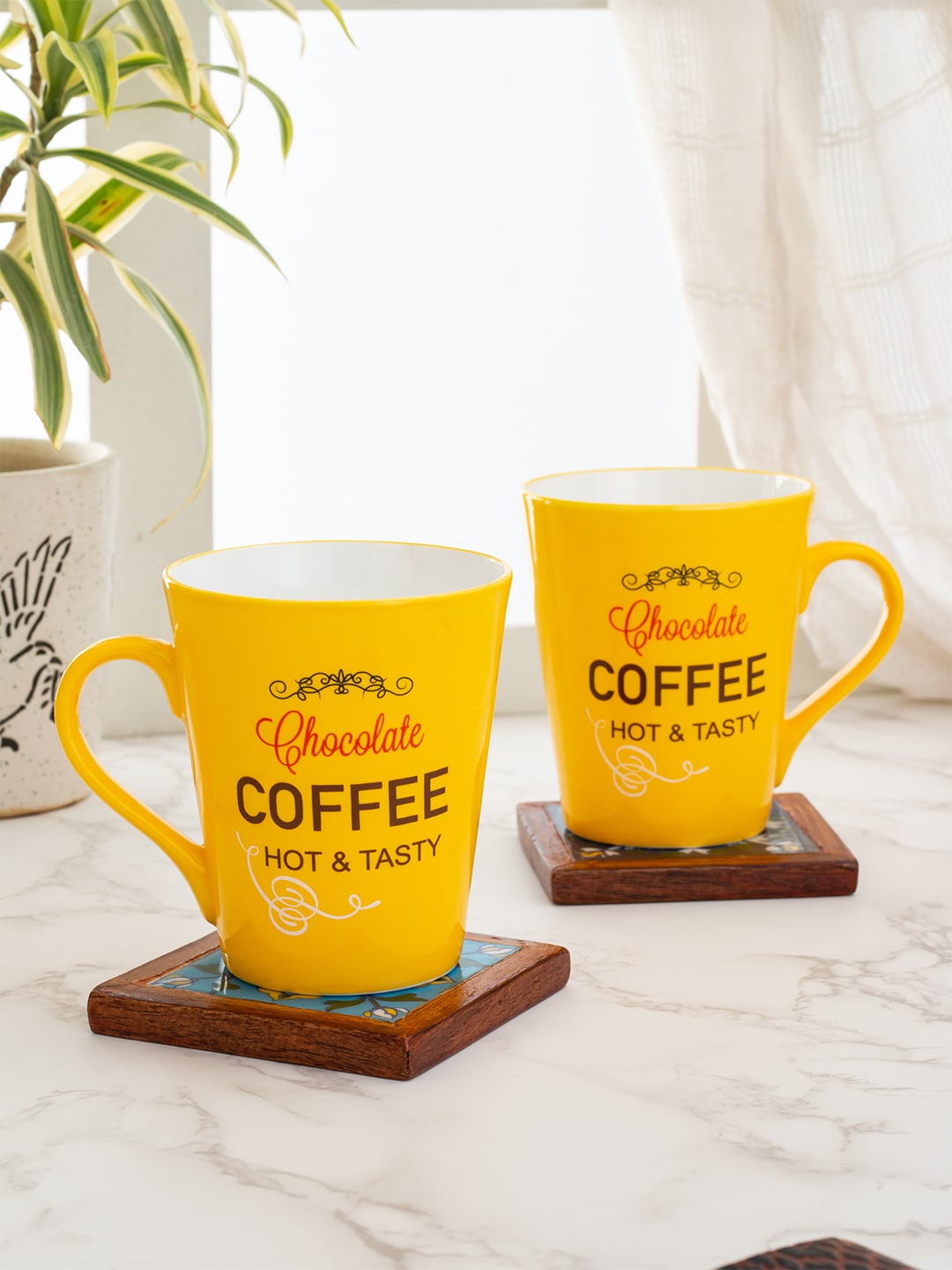 CLAY CRAFT Set of 2 Yellow & Brown Printed Ceramic Mugs Price in India