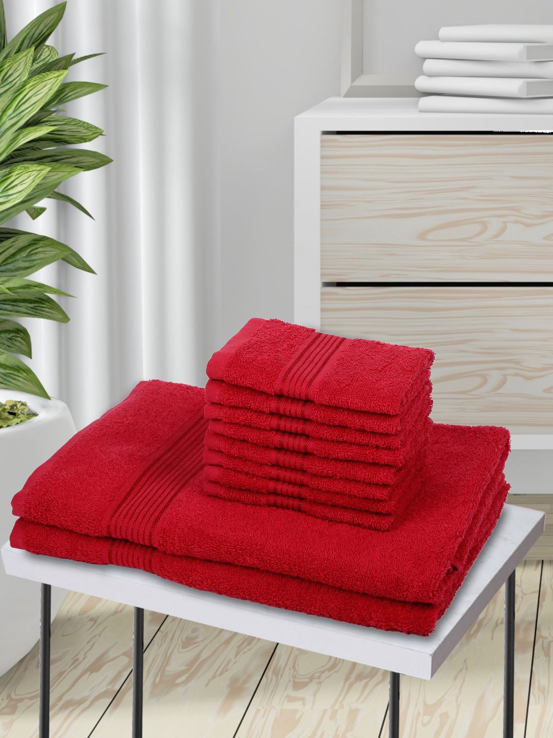 BIANCA Set Of 10 Red Solid Pure Cotton 380 GSM Towel Set Price in India