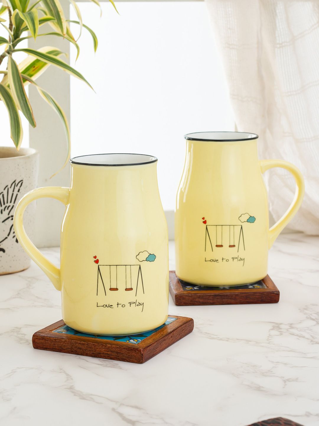 JCPL Yellow & Black 2 Pieces Printed Ceramic Mugs Set Price in India