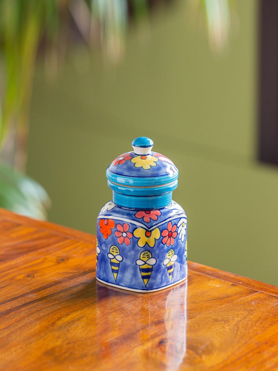 ExclusiveLane Blue Hand-painted Ceramic Canister 270 ML Price in India
