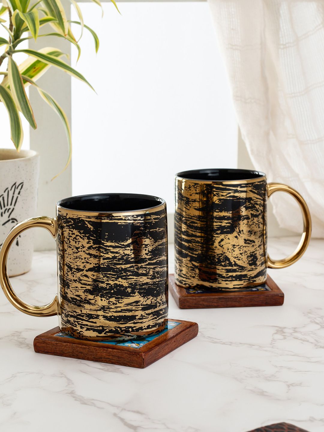 CLAY CRAFT Set of 2 Black & Gold-Toned Printed Ceramic Mugs Price in India