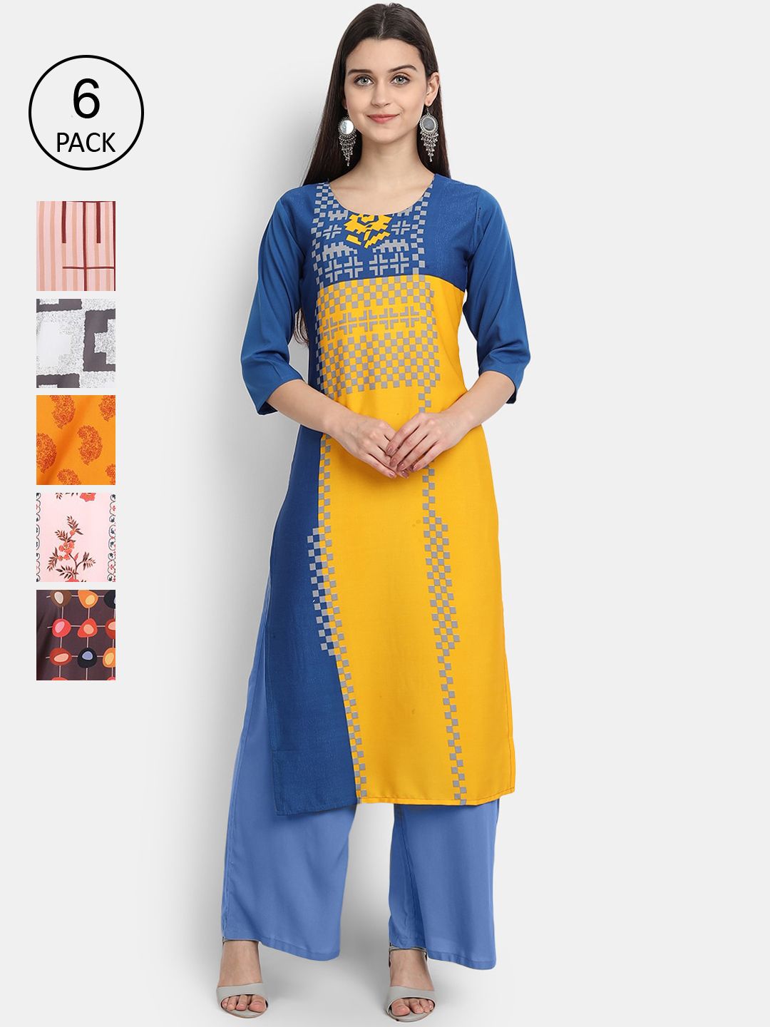 Ethnic basket Women Pack Of 6 Ethnic Motifs Printed Crepe Kurta
