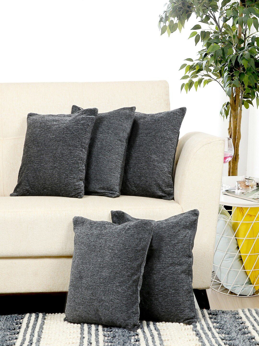 BELLA TRUE Black Set of 5 Solid Square Cushion Covers Price in India
