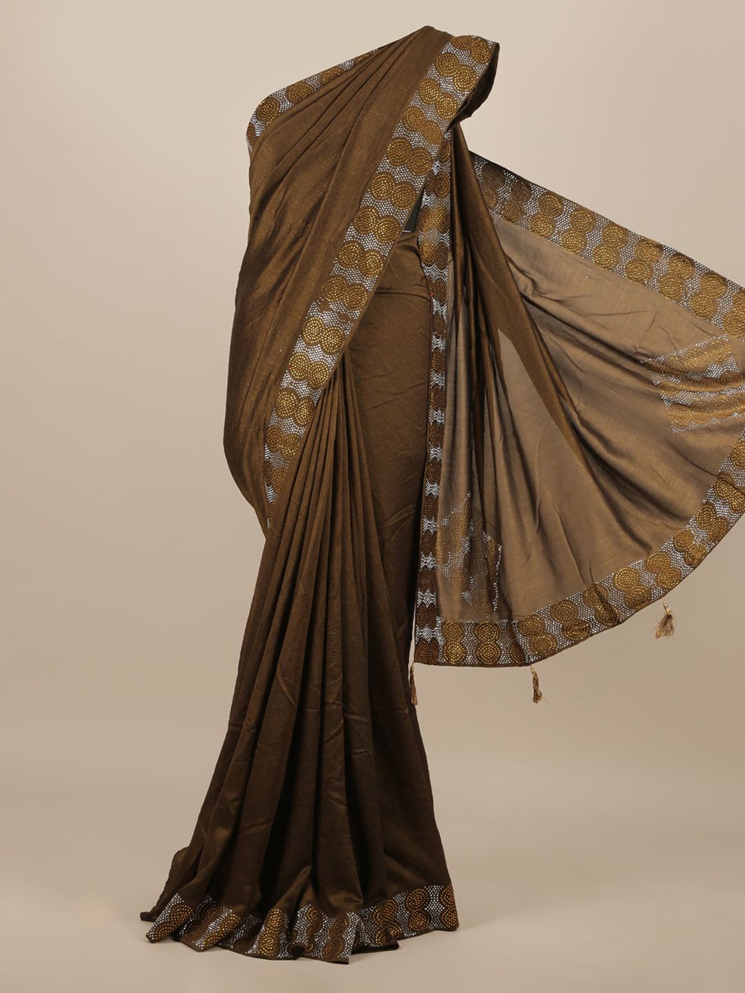 Pothys Brown Solid Jute Silk Saree With Embellished Border