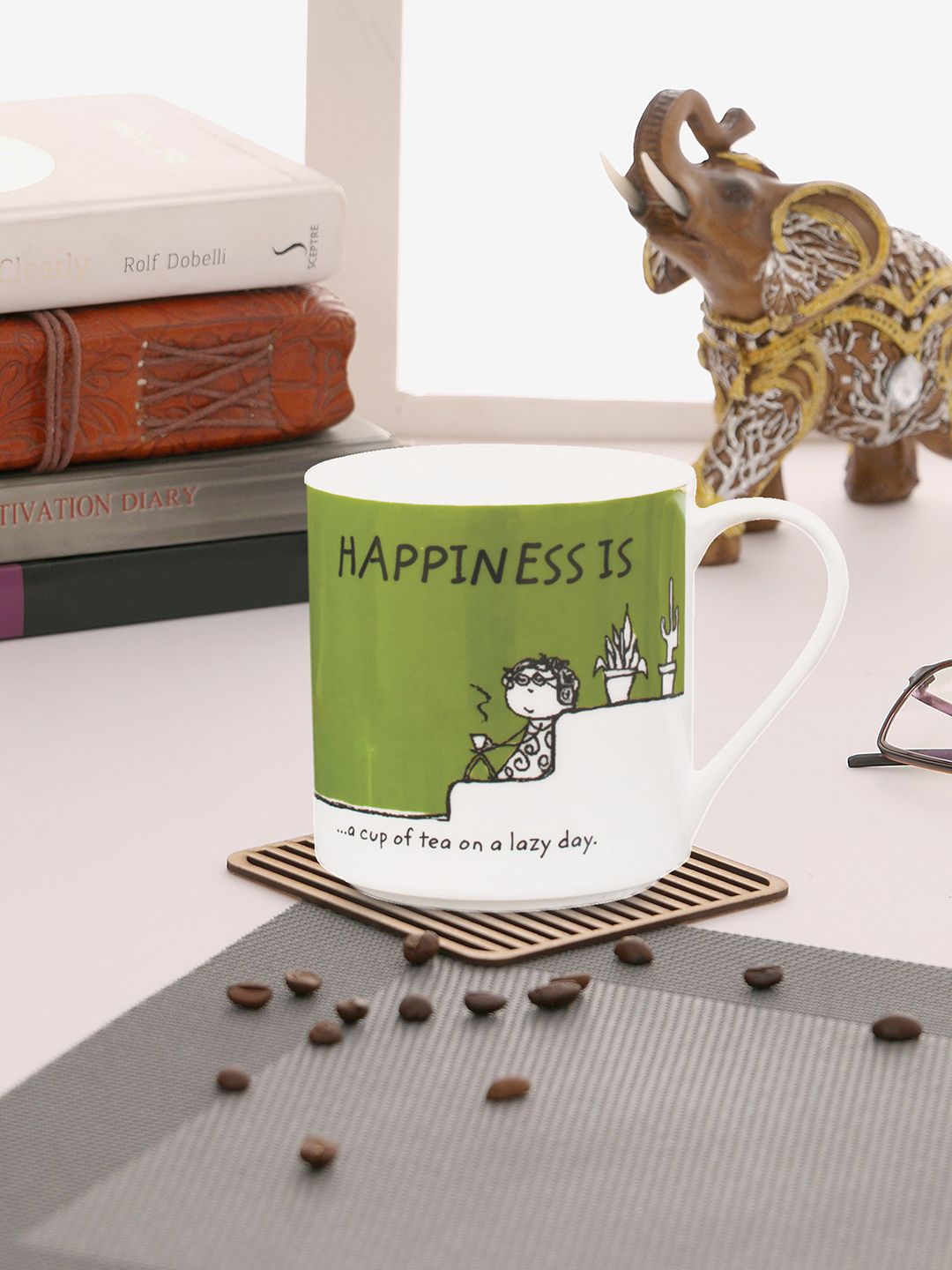 CLAY CRAFT Unisex Multi Printed Ceramic Happiness is Lazy Day Single piece Milk Mug Price in India