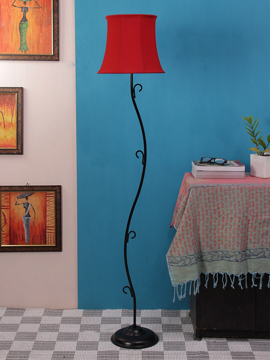 Devansh Red & Black Solid Traditional Club Lamp with Shade Price in India