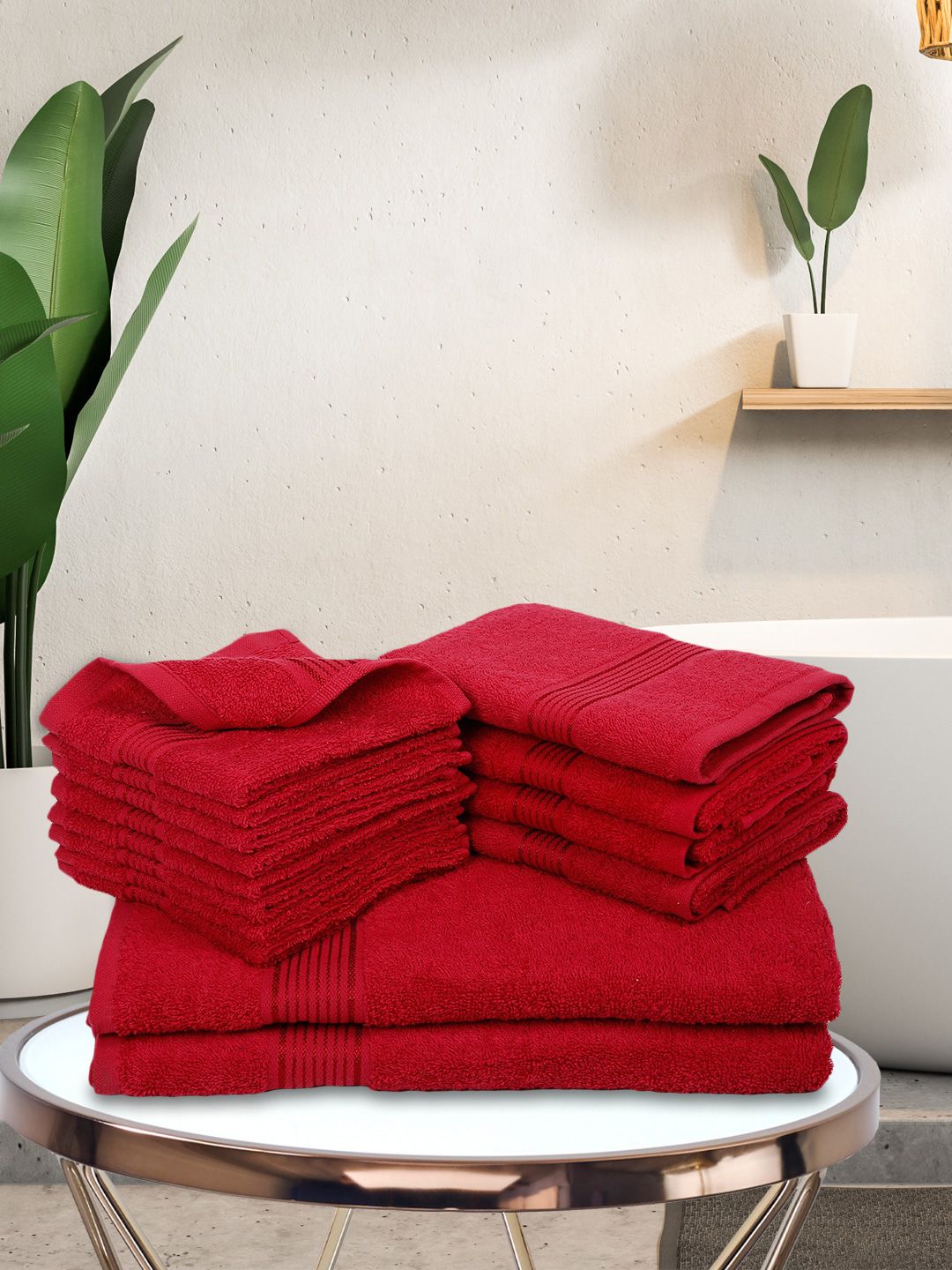 BIANCA Set Of 14 Red Solid Pure Cotton 380 GSM Towel Set Price in India