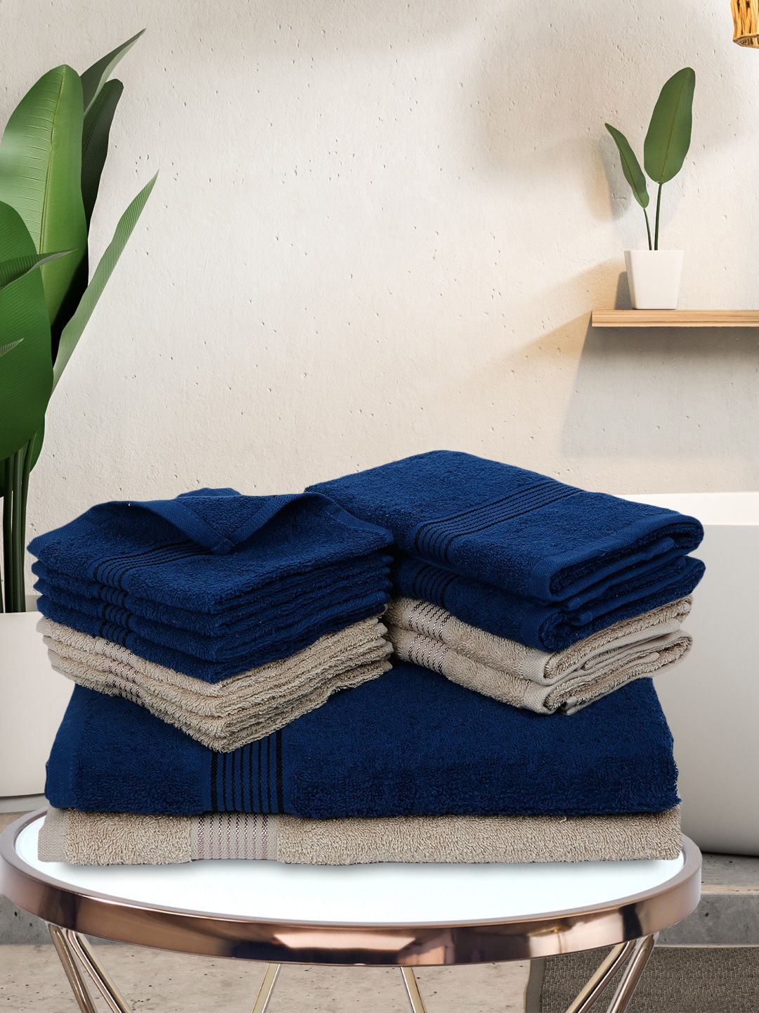 BIANCA Set Of 14 Navy-Blue & Taupe-Brown Solid 380 GSM Cotton Towel Set Price in India