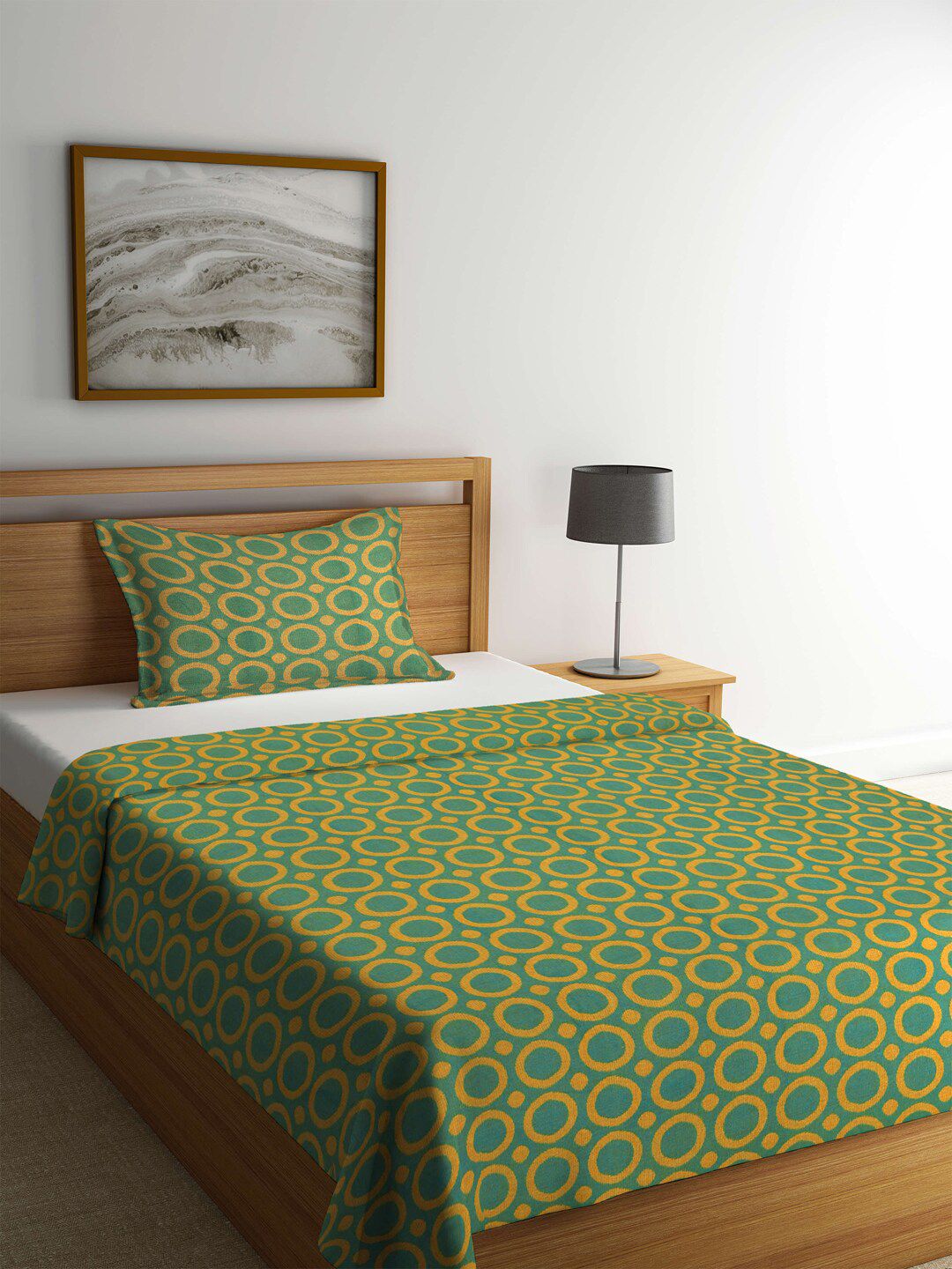 KLOTTHE Green & Yellow Woven-Design Single Cotton Bed Cover With Pillow Cover Price in India