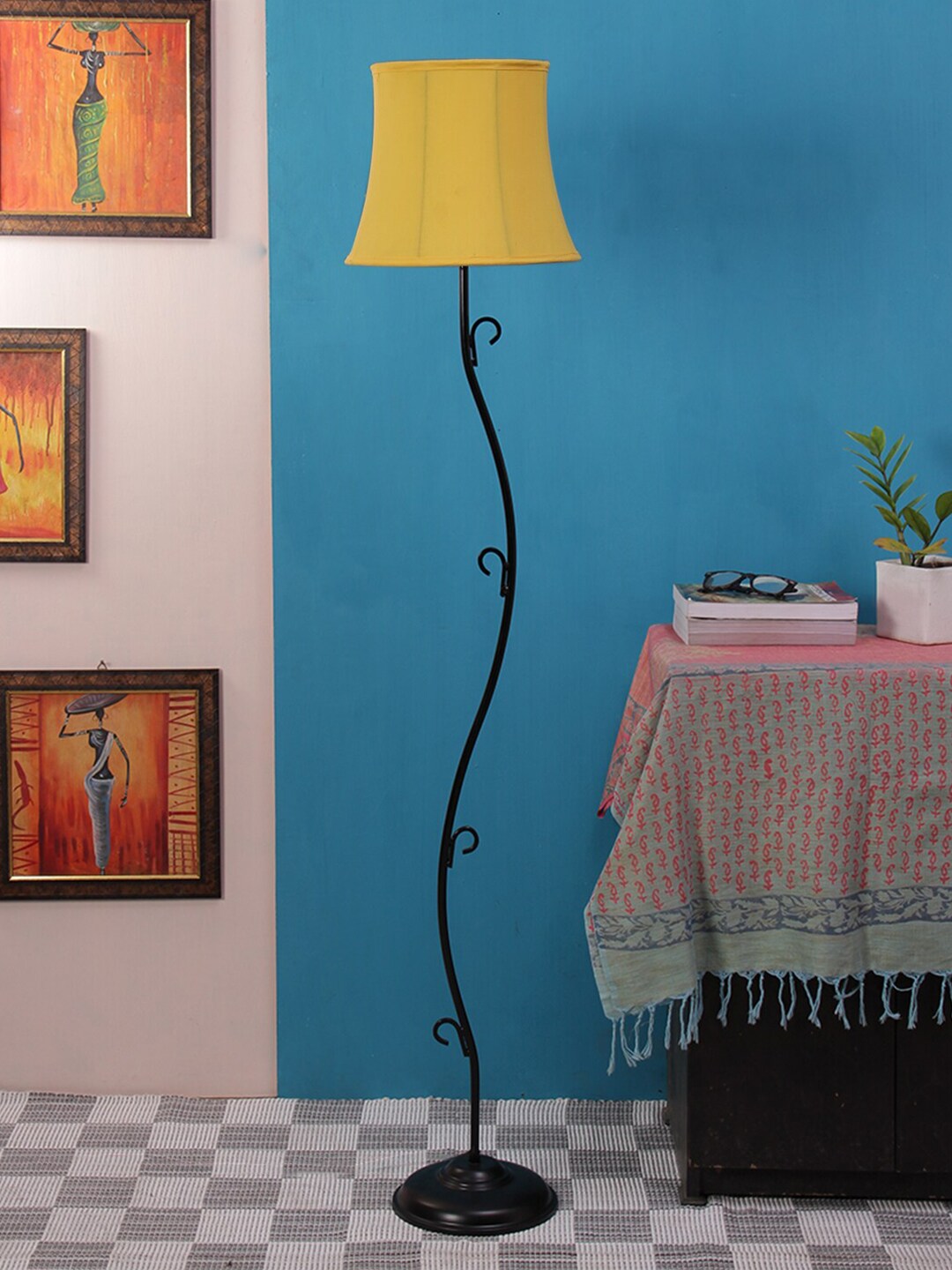 Devansh Yellow & Black Solid Traditional Club Lamp with Shade Price in India
