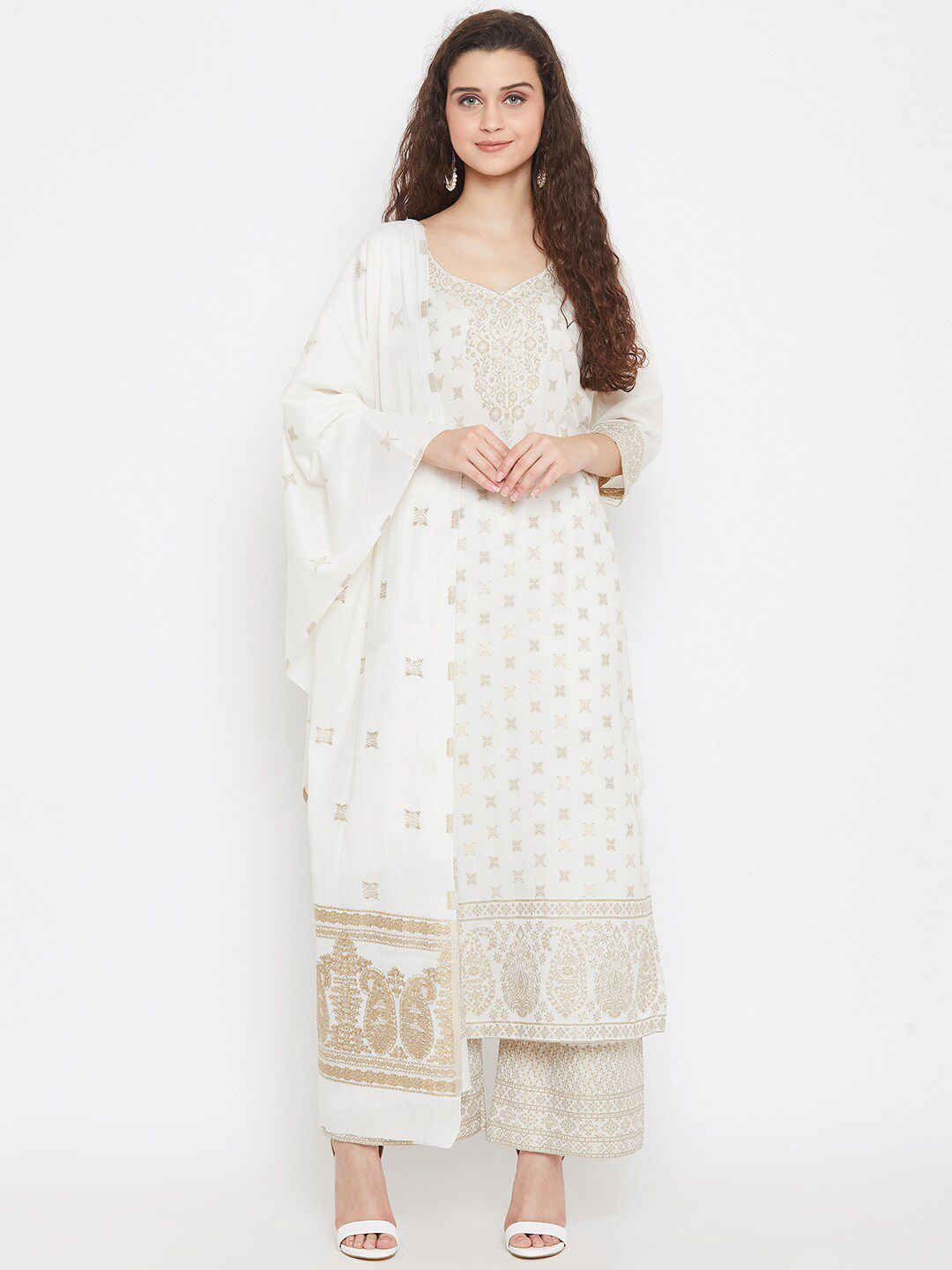 Safaa White & Beige Woven Design Pure Cotton Unstitched Dress Material Price in India