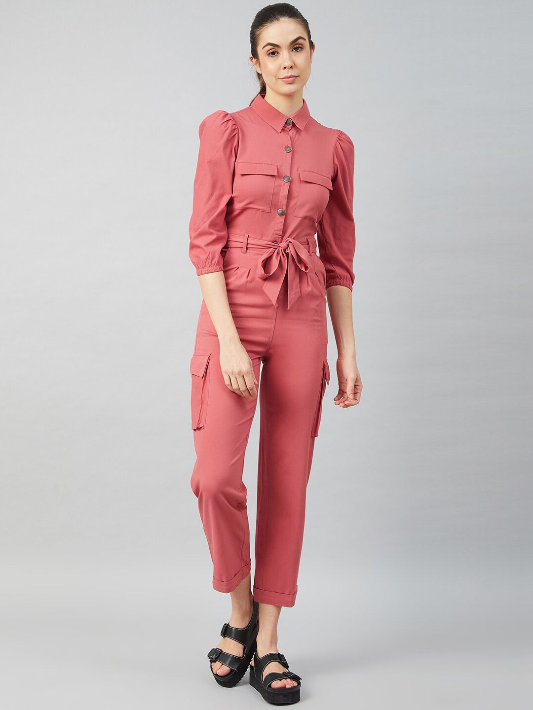 Athena Women Pink Solid Tie-Up Basic Jumpsuit Price in India