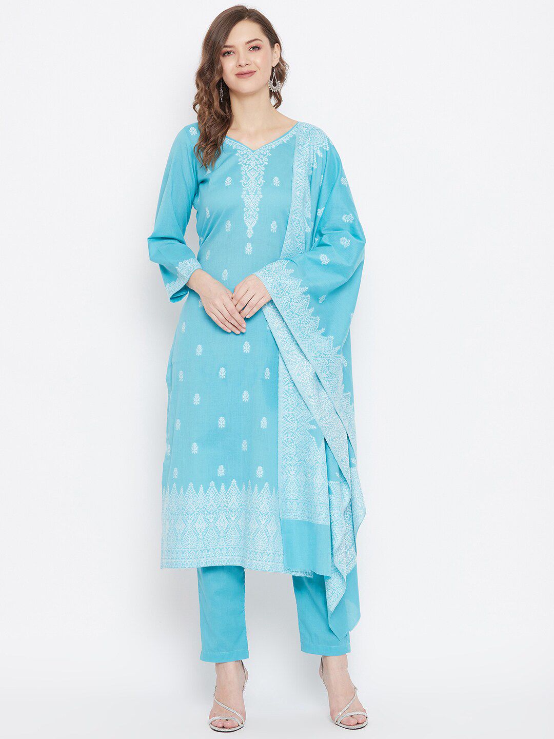 Safaa Blue & White Pure Cotton Chikankari Jacquard Woven Design Unstitched Dress Material For Summer Price in India